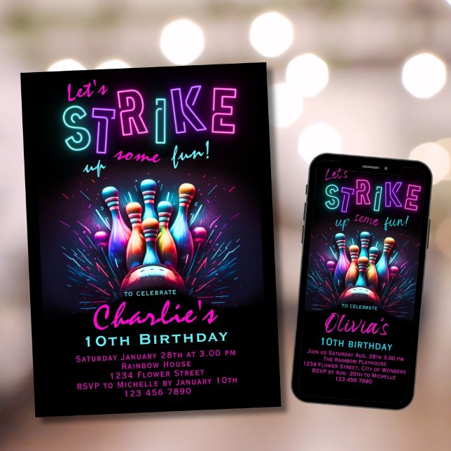 Bowling Birthday Invitation Girls Pink Neon (Creator Uploaded)