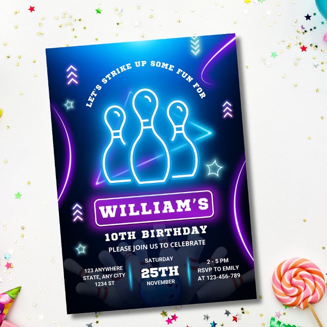 Bowling Birthday Invitation, Glow Neon Party Boys Invitation (Creator Uploaded)