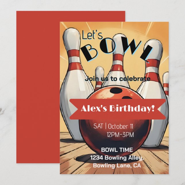 Bowling Birthday Invitation - Let's Bowl  (Front/Back)