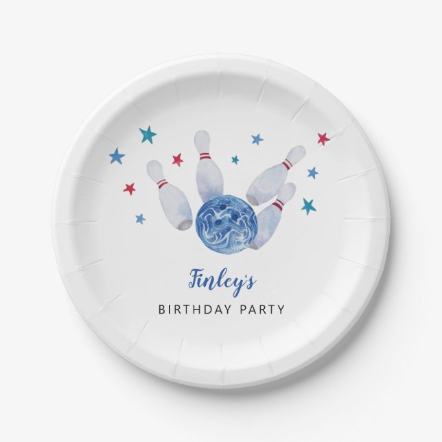 Bowling Birthday Party Blue and Red Paper Plate (Front)
