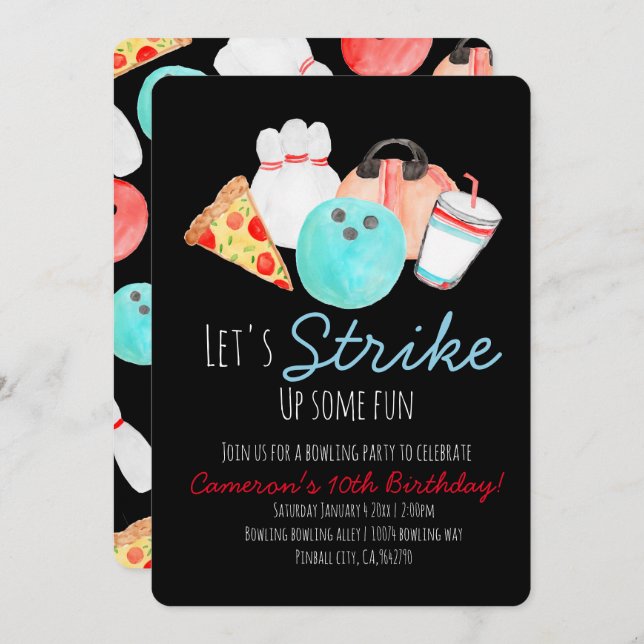 Bowling birthday party invitation black invite (Front/Back)