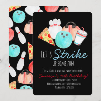 Bowling birthday party invitation black invite
