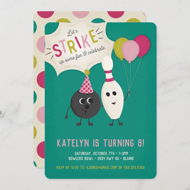 Bowling Birthday Party Invitation - Girl, Invite (Front/Back)
