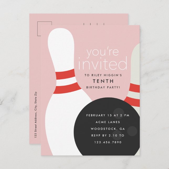 Bowling Birthday Party Invitation Postcard (Front/Back)