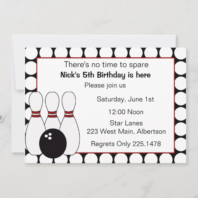 Bowling Birthday party invitation red and black (Front)