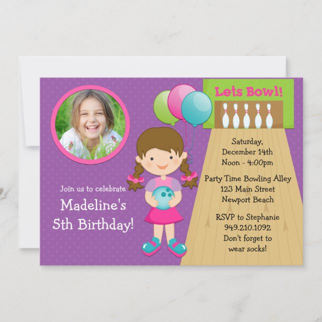 Bowling Birthday Party Invitation with Photo (Front)