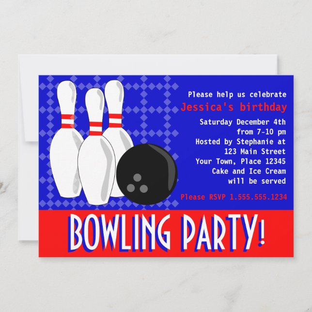 Bowling Birthday Party Invite - Red White and Blue (Front)