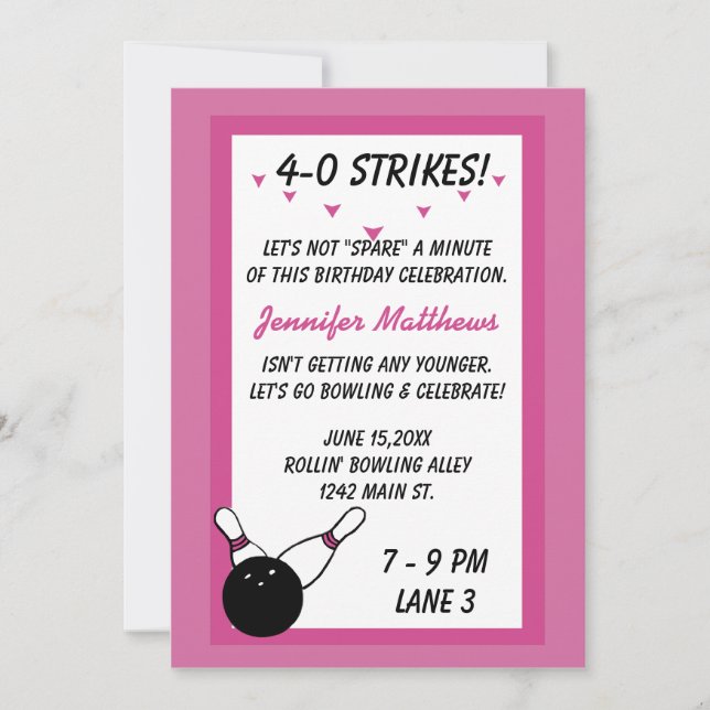 Bowling Birthday Party Pink Age customisable Invitation (Front)