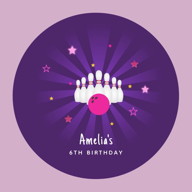 Bowling Birthday Party Pink Purple Stars Favour Classic Round Sticker (Creator Uploaded)