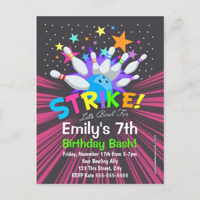 Bowling Birthday Party Postcard Invitations (Front)