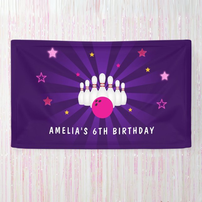 Bowling Birthday Party Purple Pink Stars Banner (Creator Uploaded)