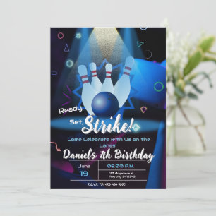 Bowling Birthday Party Retro Neon Invitation