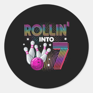 Bowling Birthday Party Rollin Into 7 7th Birthday  Classic Round Sticker