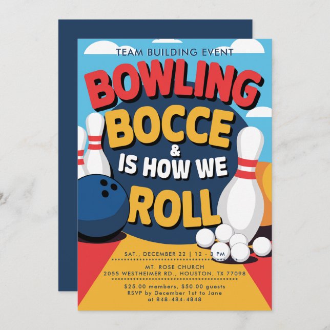 Bowling Bocce Team Building Church Business Bold Invitation (Front/Back)
