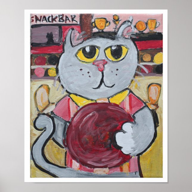 Bowling Cat Folk Art Poster (Front)
