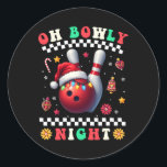 Bowling Christmas Oh Bowly Night Santa Hat Christm Classic Round Sticker<br><div class="desc">Bowling Christmas Oh Bowly Night Santa Hat Christmas Lights</div>