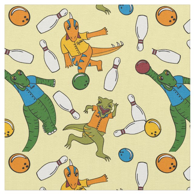 Bowling Dinosaurs Cartoons Patterned Bowlers Fabric (Close Up)