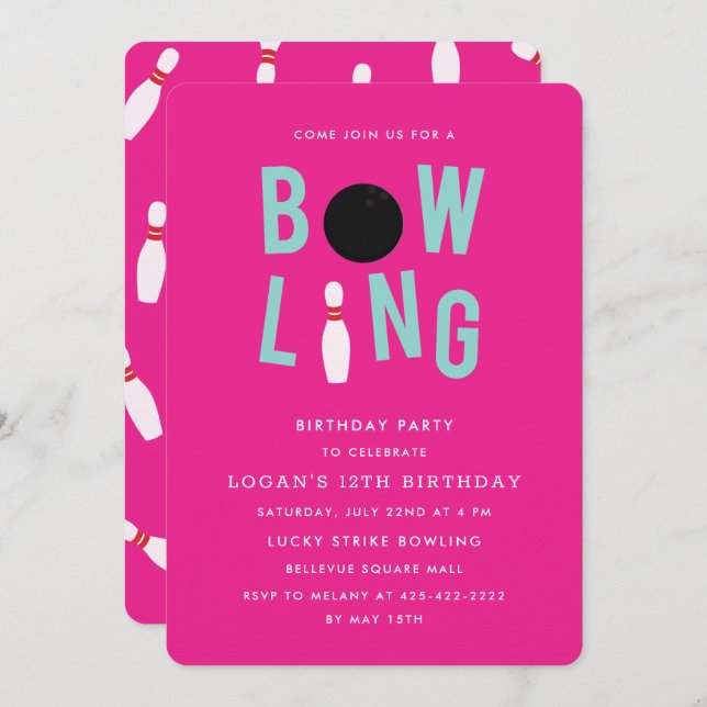 Bowling Fun Kid's birthday party Invitation_Pink Invitation (Front/Back)