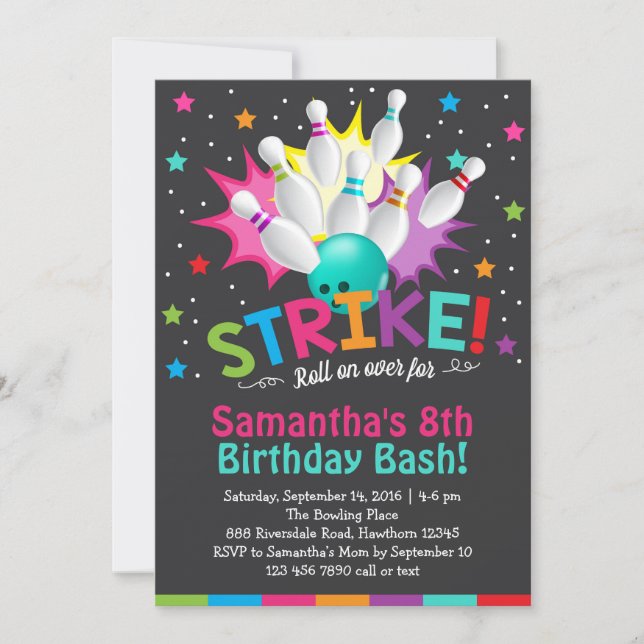 bowling invitation, bowling birthday invite (Front)