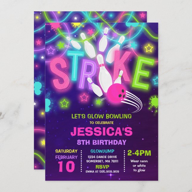 Bowling Invitation Glow Neon Bowling Birthday (Front/Back)