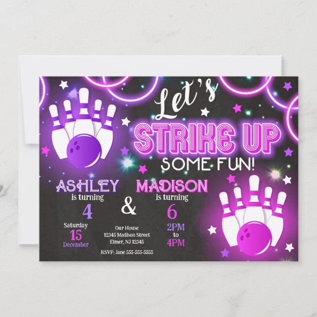 Bowling Invitation Glow Neon Joint Birthday (Front)