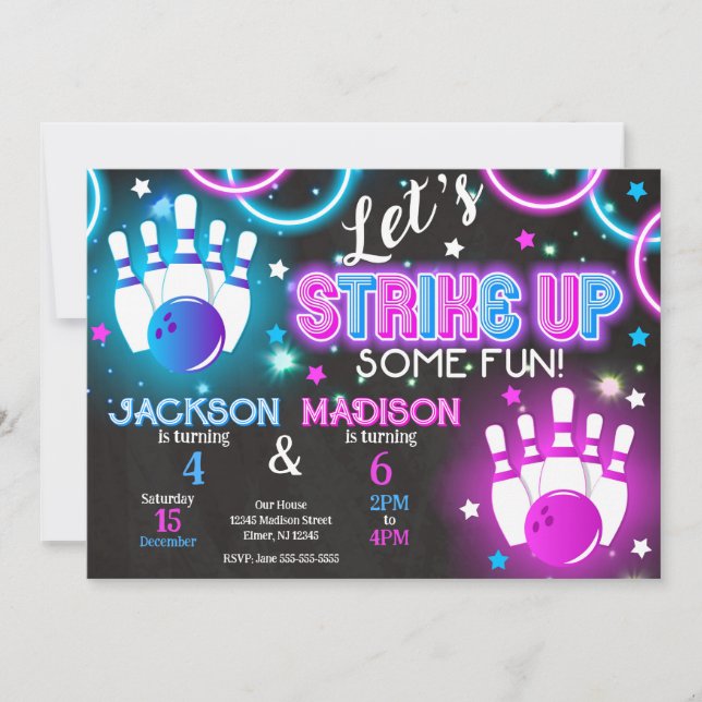 Bowling Invitation Glow Neon Joint Birthday (Front)