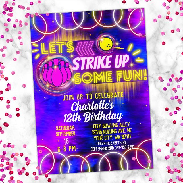 Bowling Let's Strike Up Fun Neon Glow Birthday Invitation (Creator Uploaded)