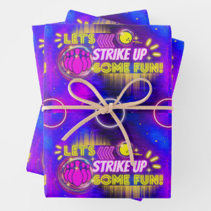Bowling Let's Strike Up Fun Neon Glow Birthday Wrapping Paper Sheet