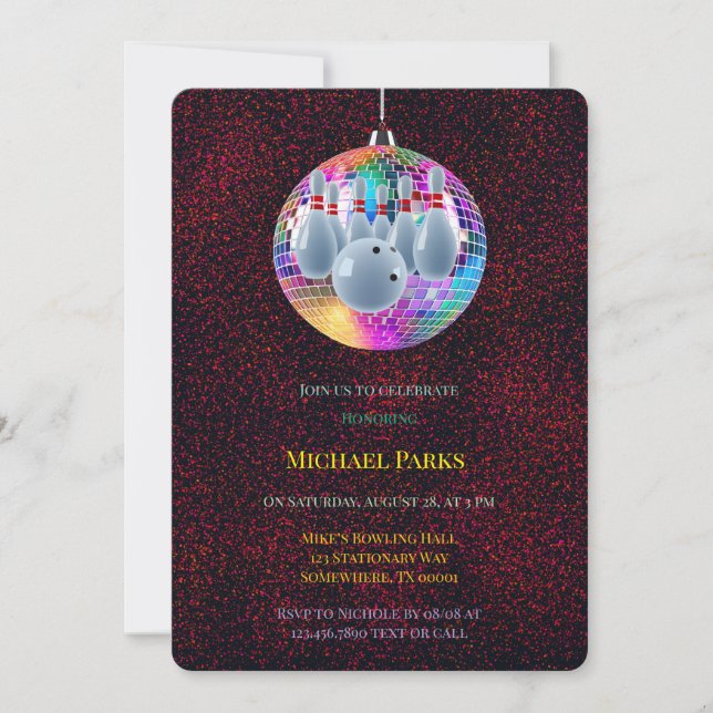 Bowling Neon Disco Ball Glitter Birthday Party Invitation (Front)