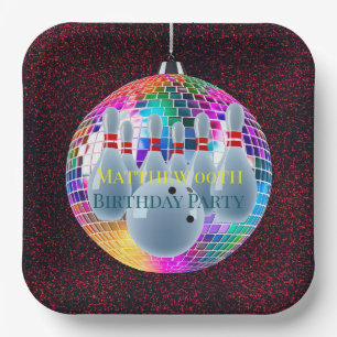 Bowling Neon Disco Ball Glitter Birthday Party Paper Plate