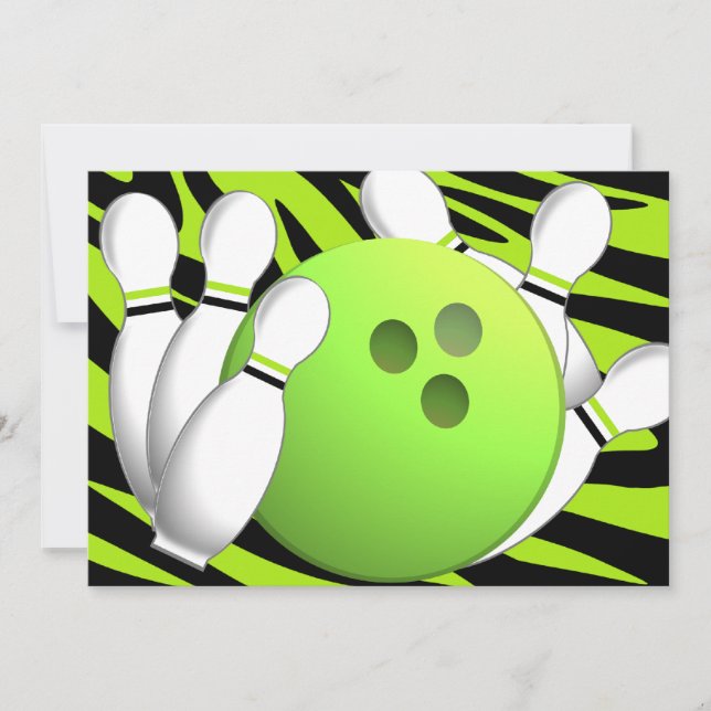 Bowling Neon Green and Zebra Invitation (Front)