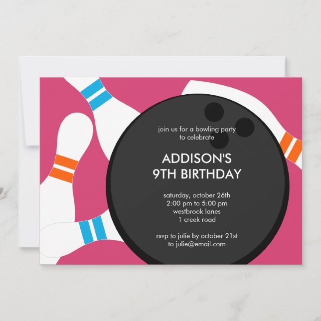 Bowling Party Birthday Party Invitation - Pink (Front)