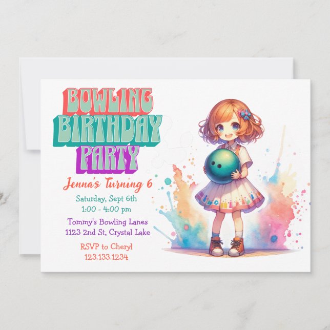 Bowling Party Girl's Anime Birthday Invite (Front)