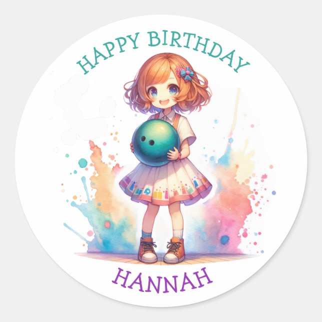 Bowling Party Girl's Anime Birthday Personalised  Classic Round Sticker (Front)