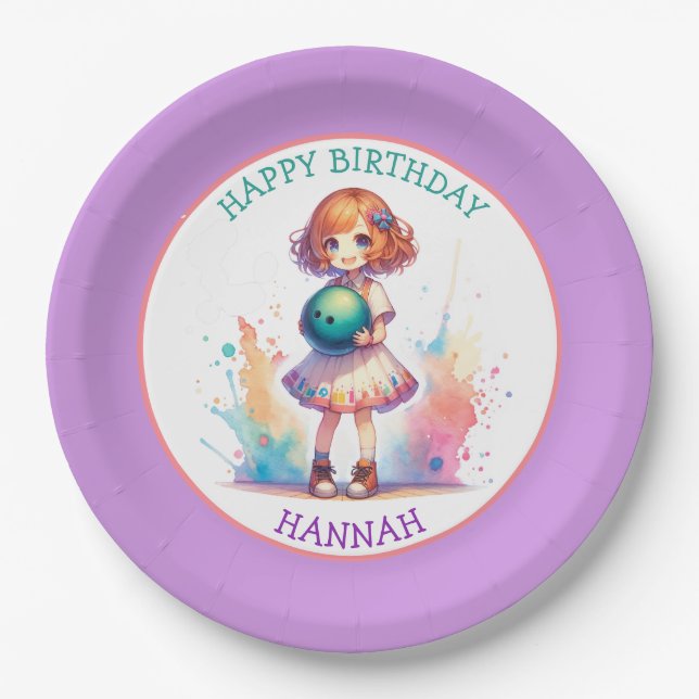 Bowling Party Girl's Anime Birthday Personalised  Paper Plate (Front)