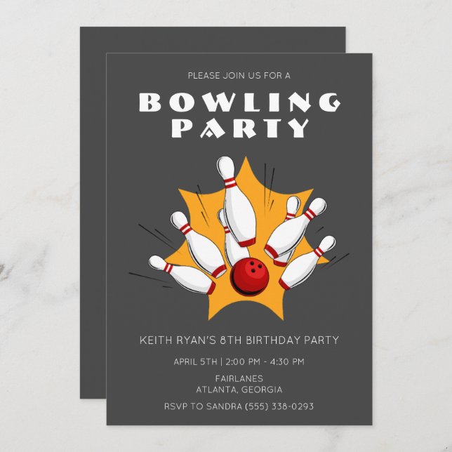Bowling Party Grey Boys Birthday Party Invitation (Front/Back)