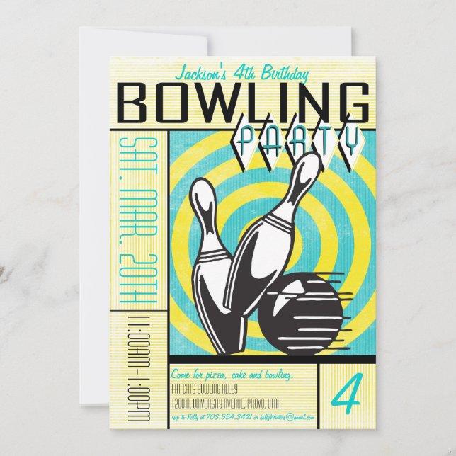 Bowling Party Invitation - Aqua (Front)