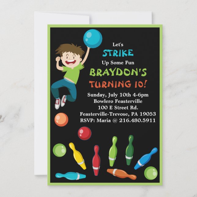 Bowling Party Invitation Happy Birthday Invite Boy (Front)