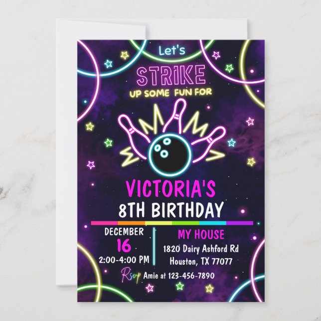 Bowling Party Invitation, Pins, Girl Bowling Invitation (Front)