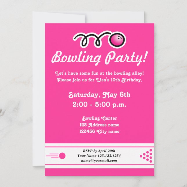 Bowling party invitations for girl's Birthday (Front)