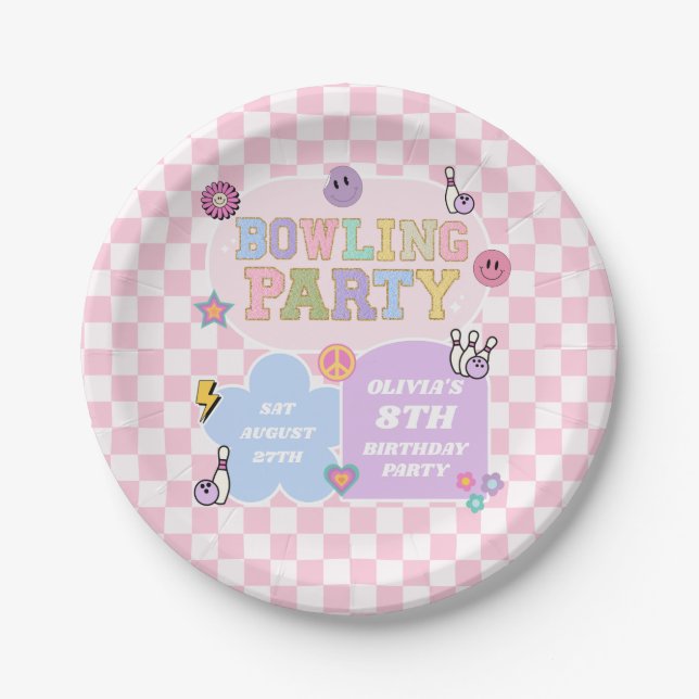 Bowling Party Preppy Varsity Patch Birthday Party Paper Plate (Front)