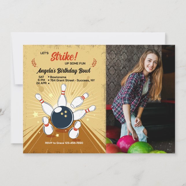 Bowling Photo Birthday Invitation (Front)