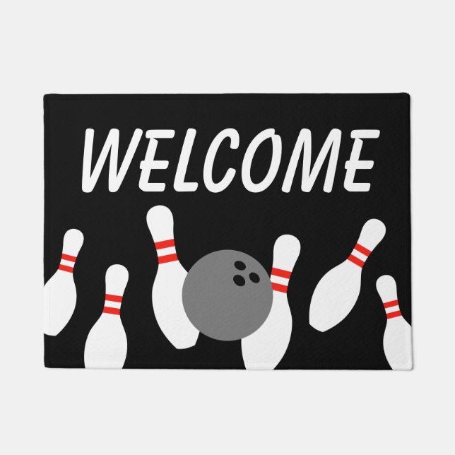 Bowling pins and ball strike custom welcome doormat (Front)