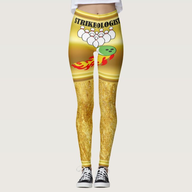 Bowling pins and ball with the word STRIKEOLOGIST Leggings (Front)