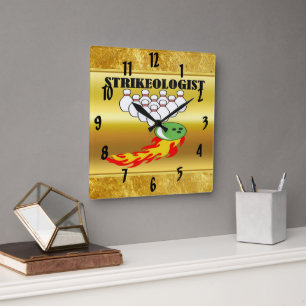 Bowling pins and ball with the word STRIKEOLOGIST Square Wall Clock