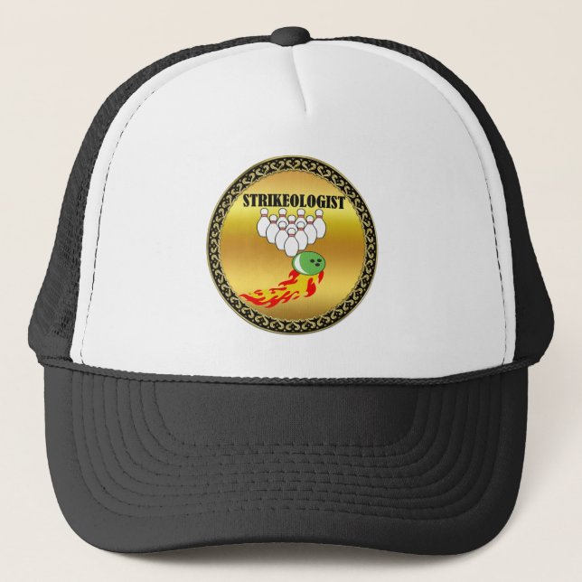Bowling pins and ball with the word STRIKEOLOGIST Trucker Hat (Front)