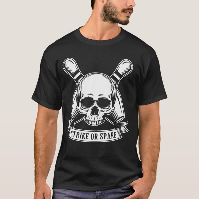 Bowling Pins Skeleton Halloween Costume Bowler Bow T-Shirt (Front)