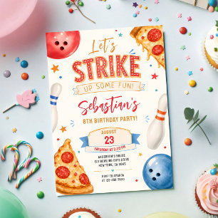 Bowling Pizza Party 4th Birthday Invitation