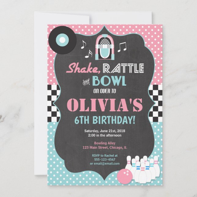 Bowling rock and roll girl birthday invitation (Front)