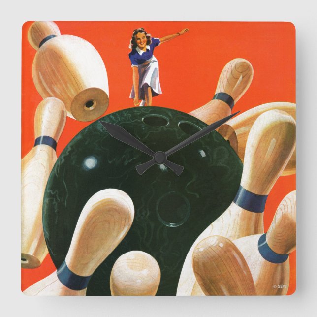 Bowling Strike Square Wall Clock (Front)